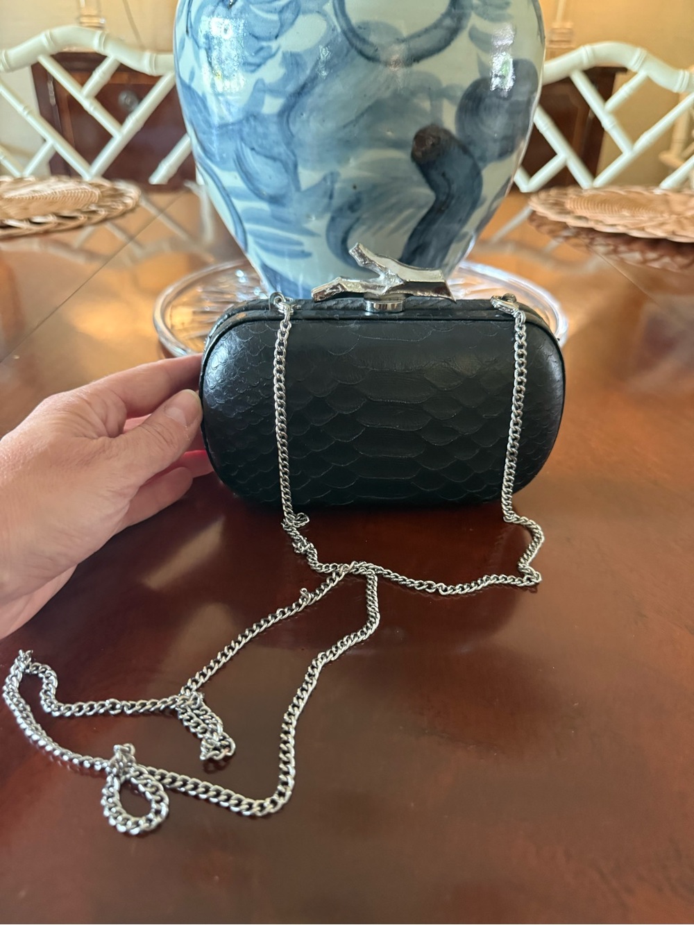 DVF Black Textured Evening Clutch with Silver Chain